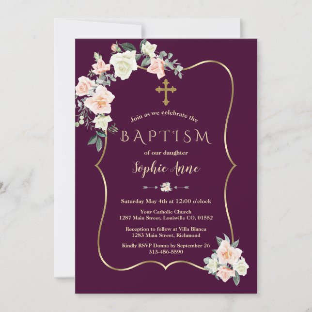 Mörk Plum  Blommor Guld Girl Baptism Inbjudningar (Framsida)