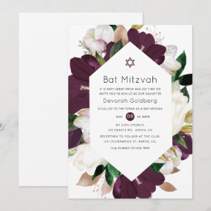 Mörk Plum Velvet och vit Blommigt Bat mitzvah Inbjudningar