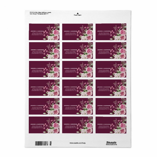 Mörk Plum Watercolor Peony Bröllop Returadress Adressetikett (Helt Ark)