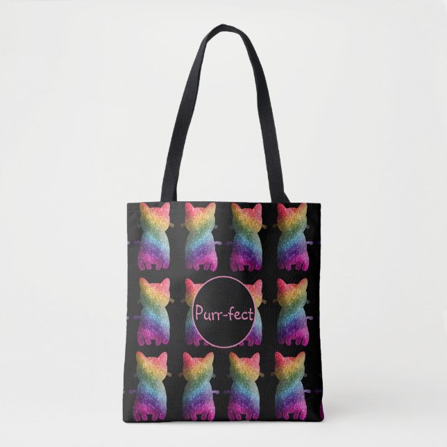 Mörk Rainbow Glitter Cat Rainbow Aesthetic Tygkasse (Framsida)