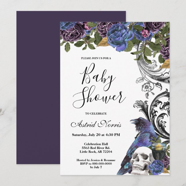 Mörk Raven Lila Ro Baby Shower Inbjudningar (Fram/baksida)