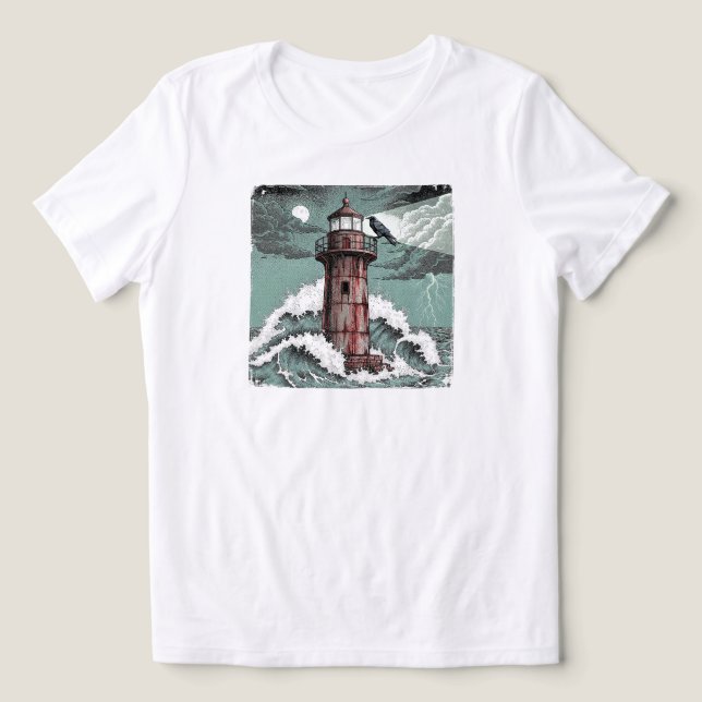 Mörk Raven på Rusted Lighthouse | ENDAST VITA T Shirt (Design Framsida)