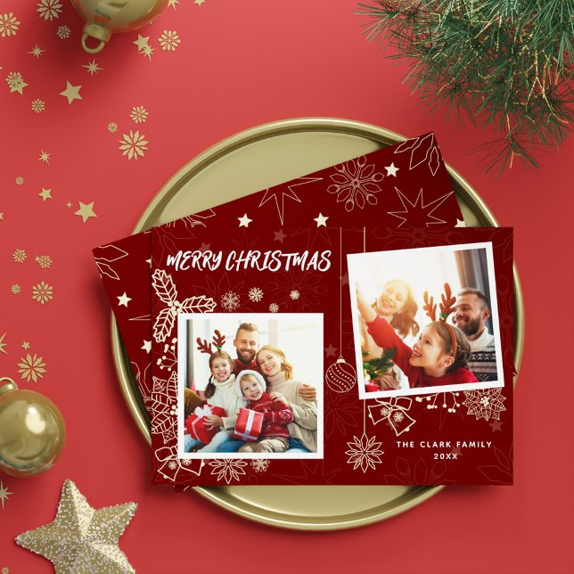 Mörk Red 2 Foto ramar-familjen med enkel Elegant Julkort (Simple Elegant Dark Red 2 Photo Frames Family Holiday Card)
