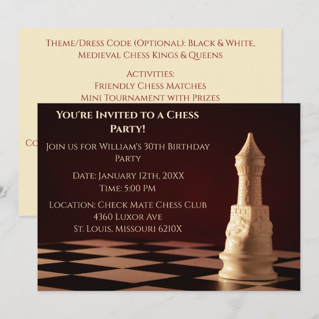 Mörk Red 30års födelsedag Party Chess Rook Inbjudningar (Fram/baksida)