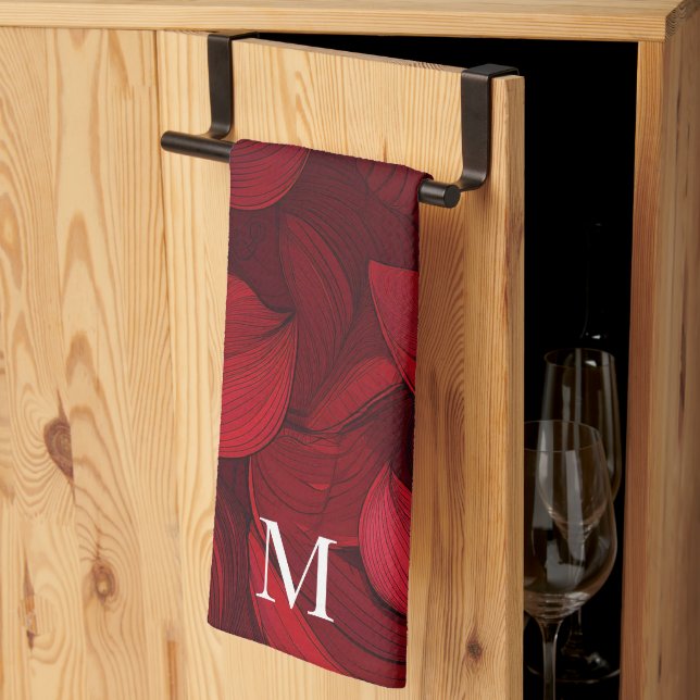 Mörk Red Abstrakt Löv Mönster Kökshandduk (Thirds Fold)