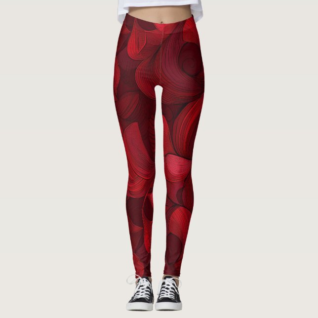 Mörk Red Abstrakt Löv Mönster Leggings (Framsida)