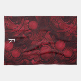 Mörk Red Abstrakt Swirl Mönster Monogrammed Kökshandduk