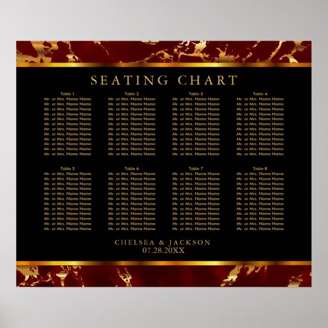 Mörk Red and Guld Marble - 10 Seating Chart Poster (Framsidan)