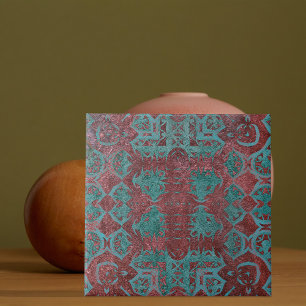 Mörk Red and Teal Grönt Distress Antique Kakelplatta