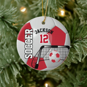 Mörk Red and White Soccer Ball Julgransprydnad Keramik