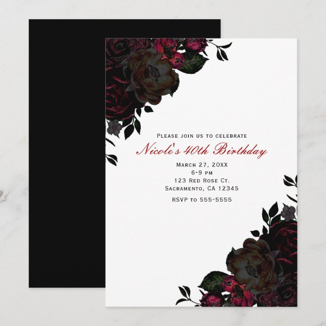 Mörk Red & Black Flowers Blommigt Gothic Investiga Inbjudningar (Fram/baksida)