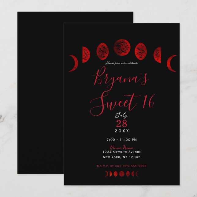 Mörk Red Black Måne Phases Gothic Bröllop Sweet 16 Inbjudningar (Fram/baksida)