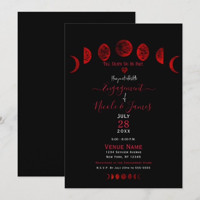 Mörk Red Black Måne Phases Gothic Förlovningsfest Inbjudningar (Fram/baksida)