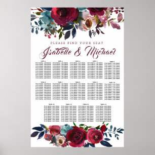 Mörk Red Blommigt 14-Bord Bröllop sätesdiagram Poster