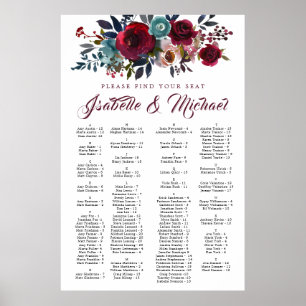 Mörk Red Blommigt Monphabetical Bröllop-sätesdiagr Poster