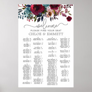 Mörk Red Blommigt Monphabetical Bröllop-sätesdiagr Poster