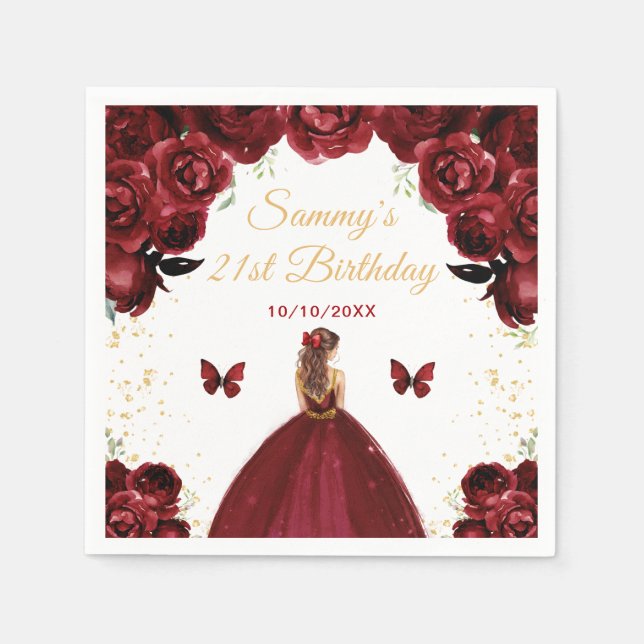 Mörk Red Brown Hair Princess Födelsedagsfest Pappersservett (Framsidan)