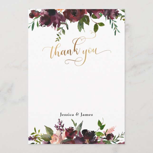 Mörk Red Burgundy Blommigt Guld - platta tackkort Tack Kort (Framsida)