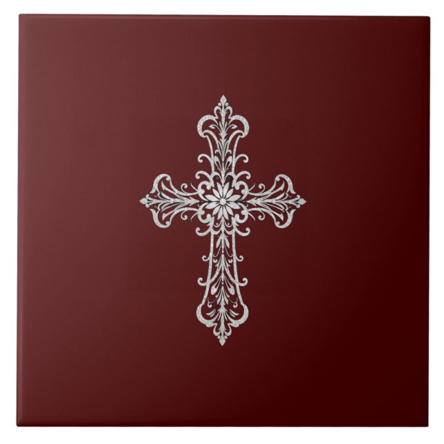 Mörk Red Ceramic Tile med Silver Kor Kakelplatta (Framsidan)
