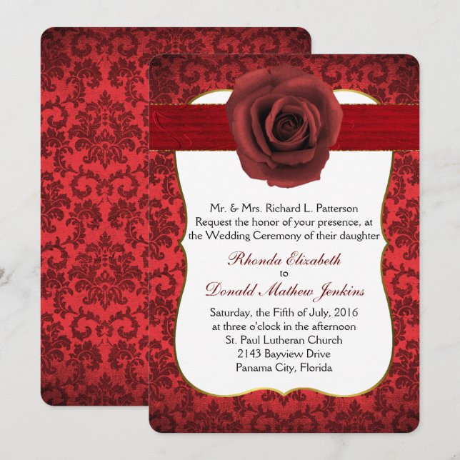 Mörk Red Damask med inbjudan till Ro bröllopsdag (Fram/baksida)
