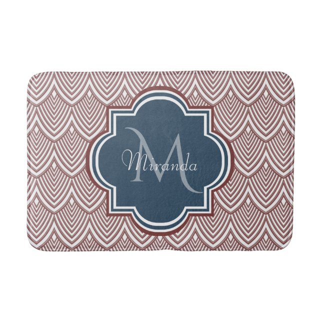 Mörk Red Deco Scallops Navy Blue Monogram Namn Badrumsmatta (Framsidan)
