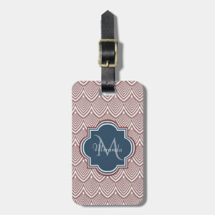 Mörk Red Deco Scallops Navy Blue Monogram Namn Bagagebricka