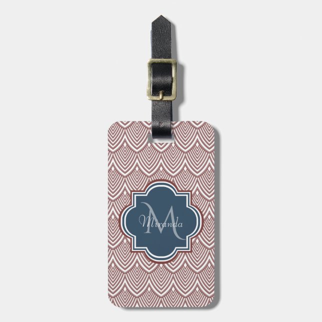Mörk Red Deco Scallops Navy Blue Monogram Namn Bagagebricka (Vertikal Framsida)
