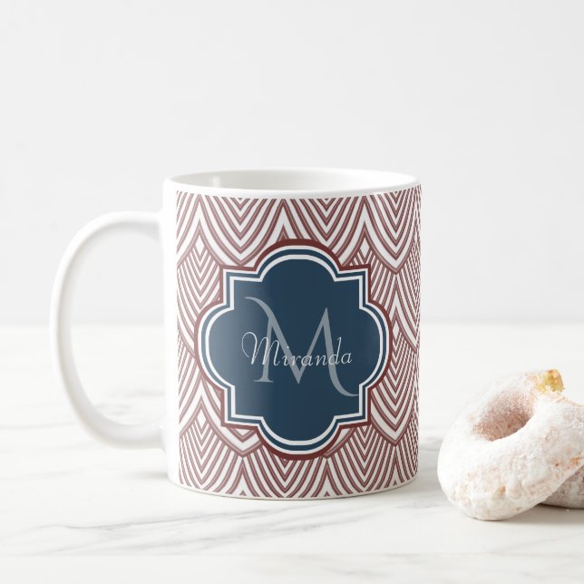 Mörk Red Deco Scallops Navy Blue Monogram Namn Kaffemugg (Med munk)