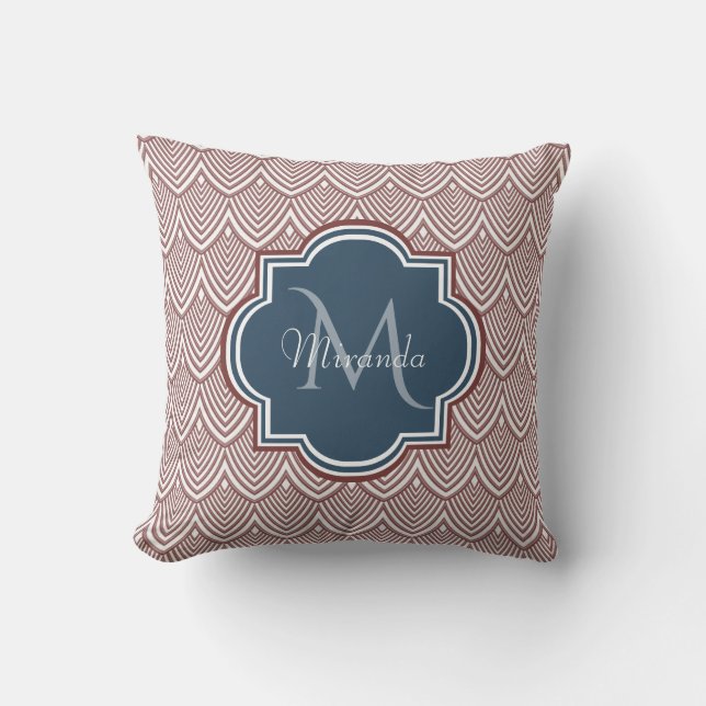 Mörk Red Deco Scallops Navy Blue Monogram Namn Kudde (Framsida)