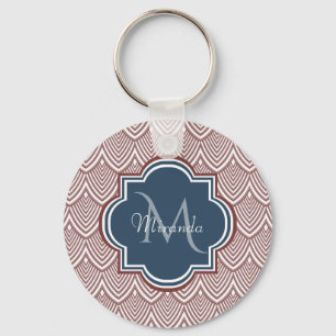 Mörk Red Deco Scallops Navy Blue Monogram Namn Nyckelring