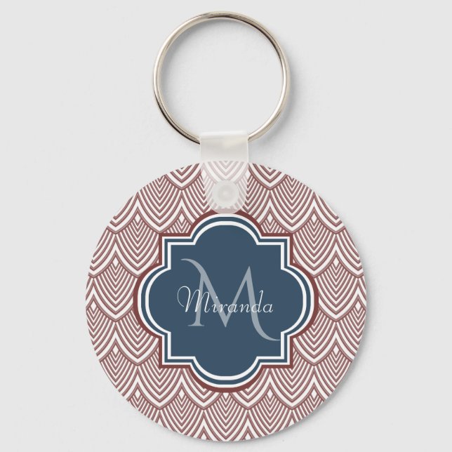 Mörk Red Deco Scallops Navy Blue Monogram Namn Nyckelring (Framsida)