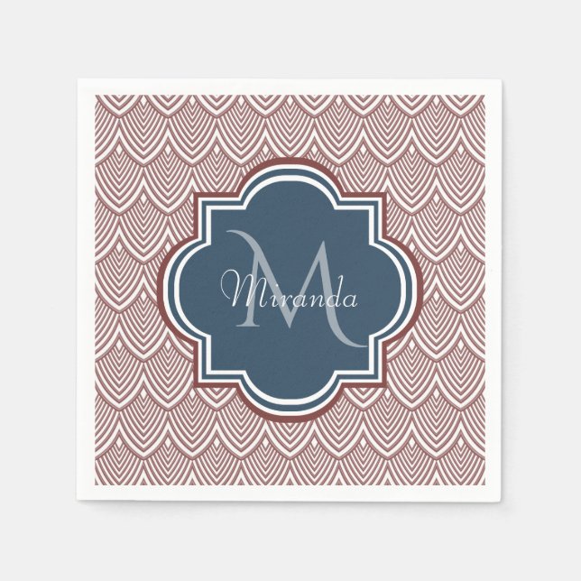 Mörk Red Deco Scallops Navy Blue Monogram Namn Pappersservett (Framsidan)