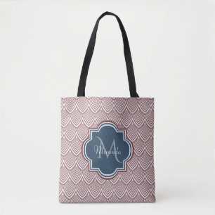 Mörk Red Deco Scallops Navy Blue Monogram Namn Tygkasse