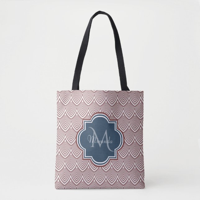 Mörk Red Deco Scallops Navy Blue Monogram Namn Tygkasse (Framsida)