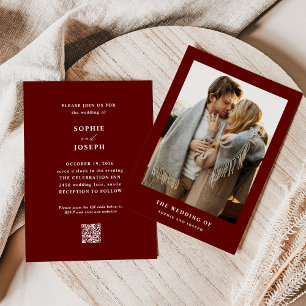 Mörk Red Elegant Text och Photo QR-kod Bröllop Inbjudningar