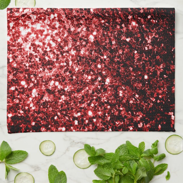 Mörk Red faux Glitter sparkles Glamor Kökshandduk (Vikta)