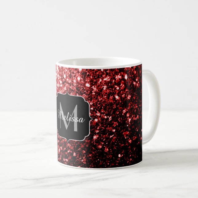 Mörk Red faux Glitter sparkles Glamor Monogram Kaffemugg (Framsida höger)