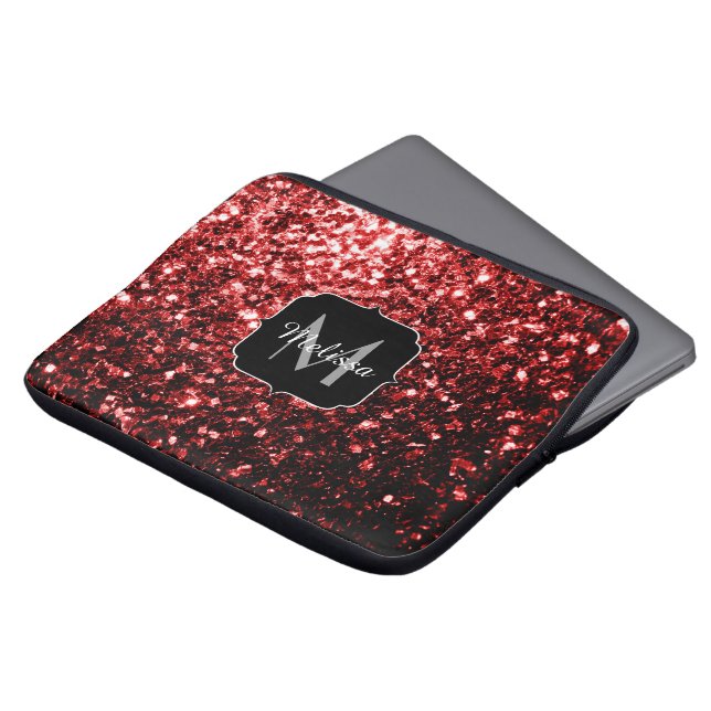 Mörk Red faux Glitter sparkles Glamor Monogram Laptop Sleeve (Framsida topp)