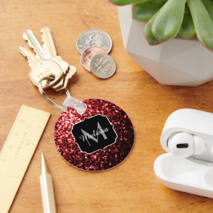Mörk Red faux Glitter sparkles Glamor Monogram Nyckelring