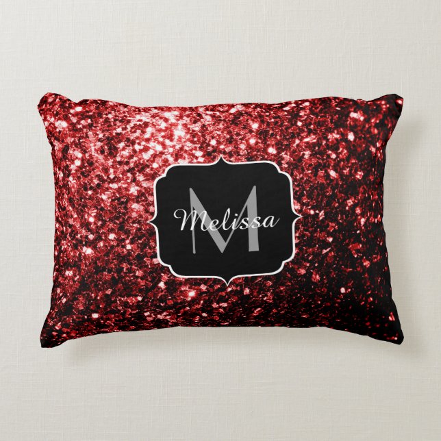 Mörk Red faux Glitter sparkles Glamor Monogram Prydnadskudde (Framsidan)
