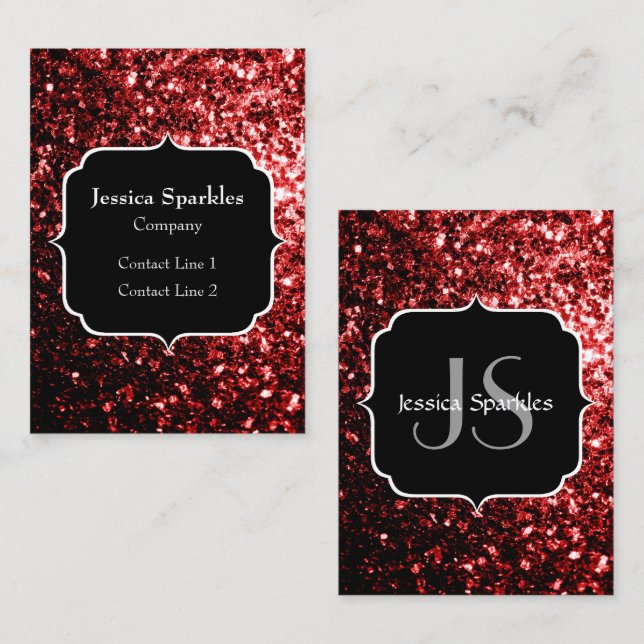 Mörk Red faux Glitter sparkles Glamor Monogram Visitkort (Fram/baksida)