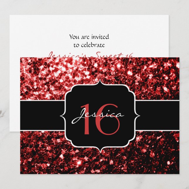 Mörk Red faux Glitter sparkles Glamor Sweet 16 Inbjudningar (Fram/baksida)