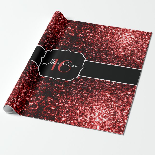 Mörk Red faux Glitter sparkles Glamor Sweet 16 Presentpapper (Utrullad)