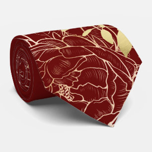 Mörk Red & Faux Guld Peony Modern Blommigt Bröllop Slips