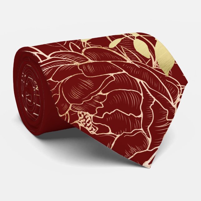 Mörk Red & Faux Guld Peony Modern Blommigt Bröllop Slips (Rullad)
