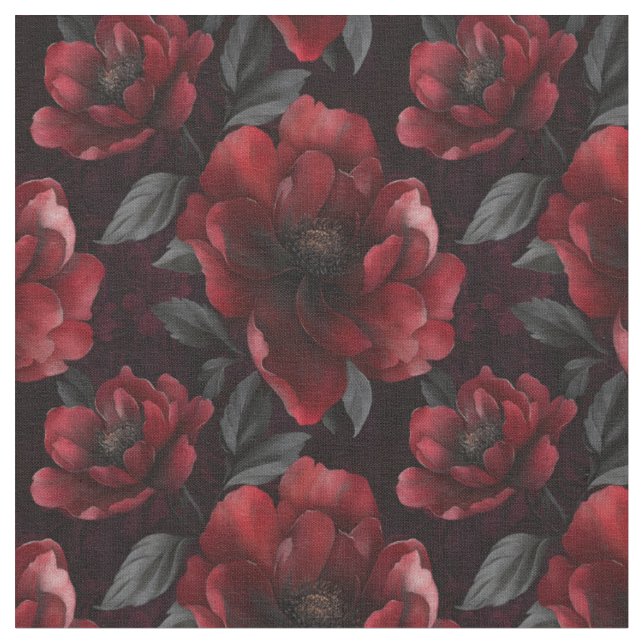 Mörk Red Flowers on Black Tyg (Närbild)