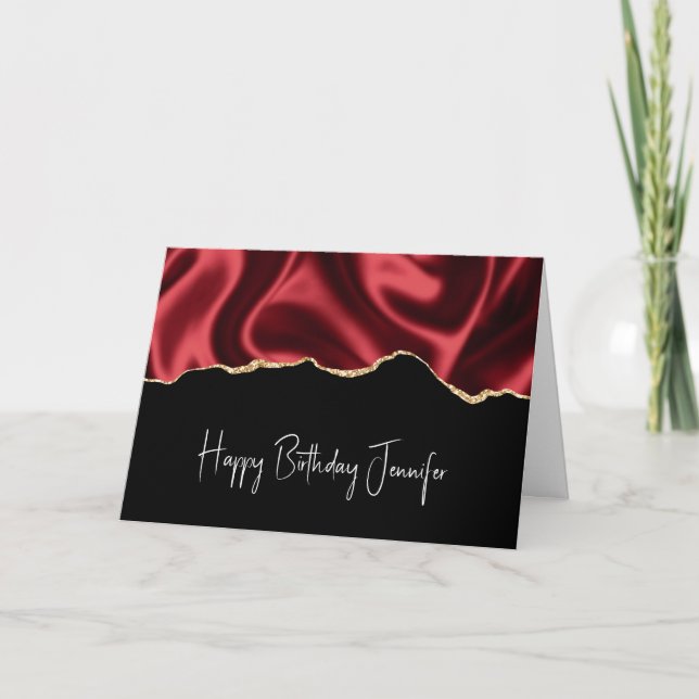 Mörk Red Glam Vågigt Satin Abstract Design Birthda Kort (Framsida)