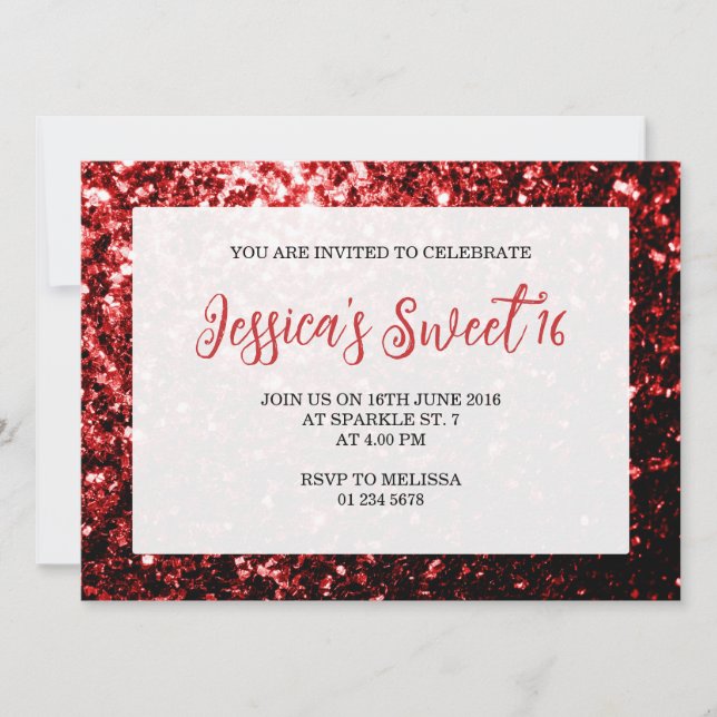 Mörk Red glitter-miniatyrdiagram Sweet 16 elegant- Inbjudningar (Framsida)