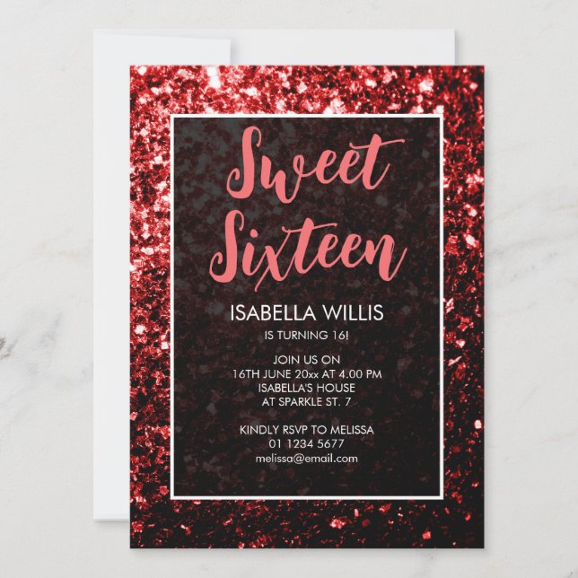 Mörk Red glitter-miniatyrdiagram Sweet 16 elegant- Inbjudningar (Framsida)