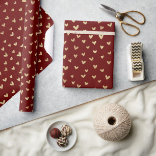 Mörk Red Golden Hearts Mönster Wrapping Papper Presentpapper